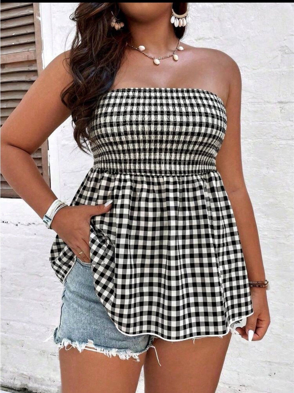 Plus Size Strapless Smocked Gingham Tunic Top Blouse - Black & White